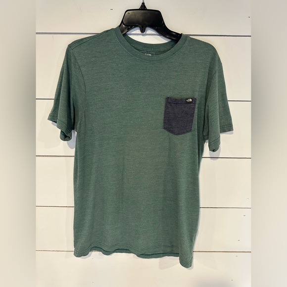 The North Face Green w/Gray Pocket Tshirt. Men’s Medium. Small pinholes on front - Picture 1 of 4